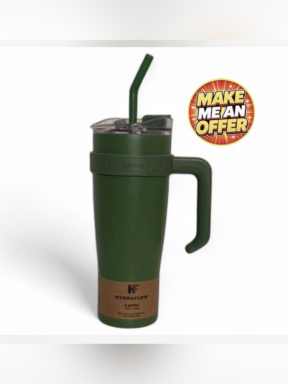 Brand New HydraFlow Green Capri Travel Tumbler with Handle and Straw